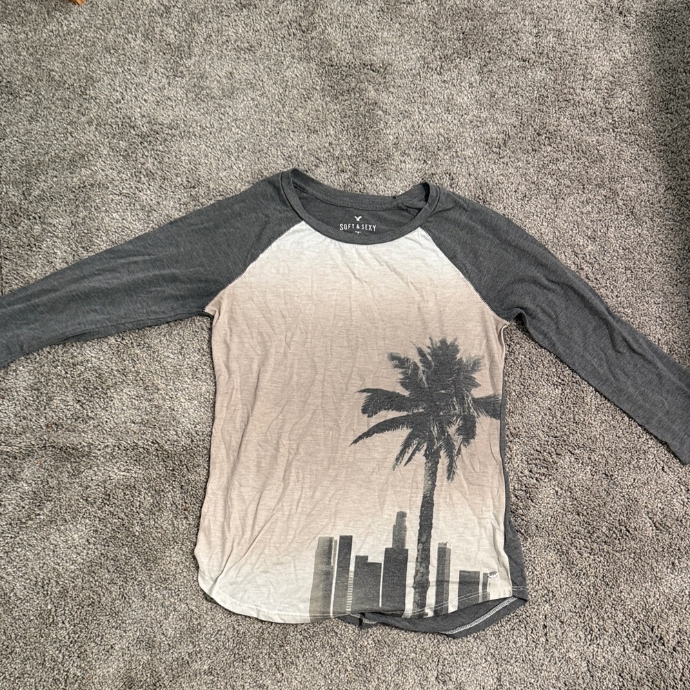 American Eagle Outfitters Gray and Cream  Tee - Long Sleeve